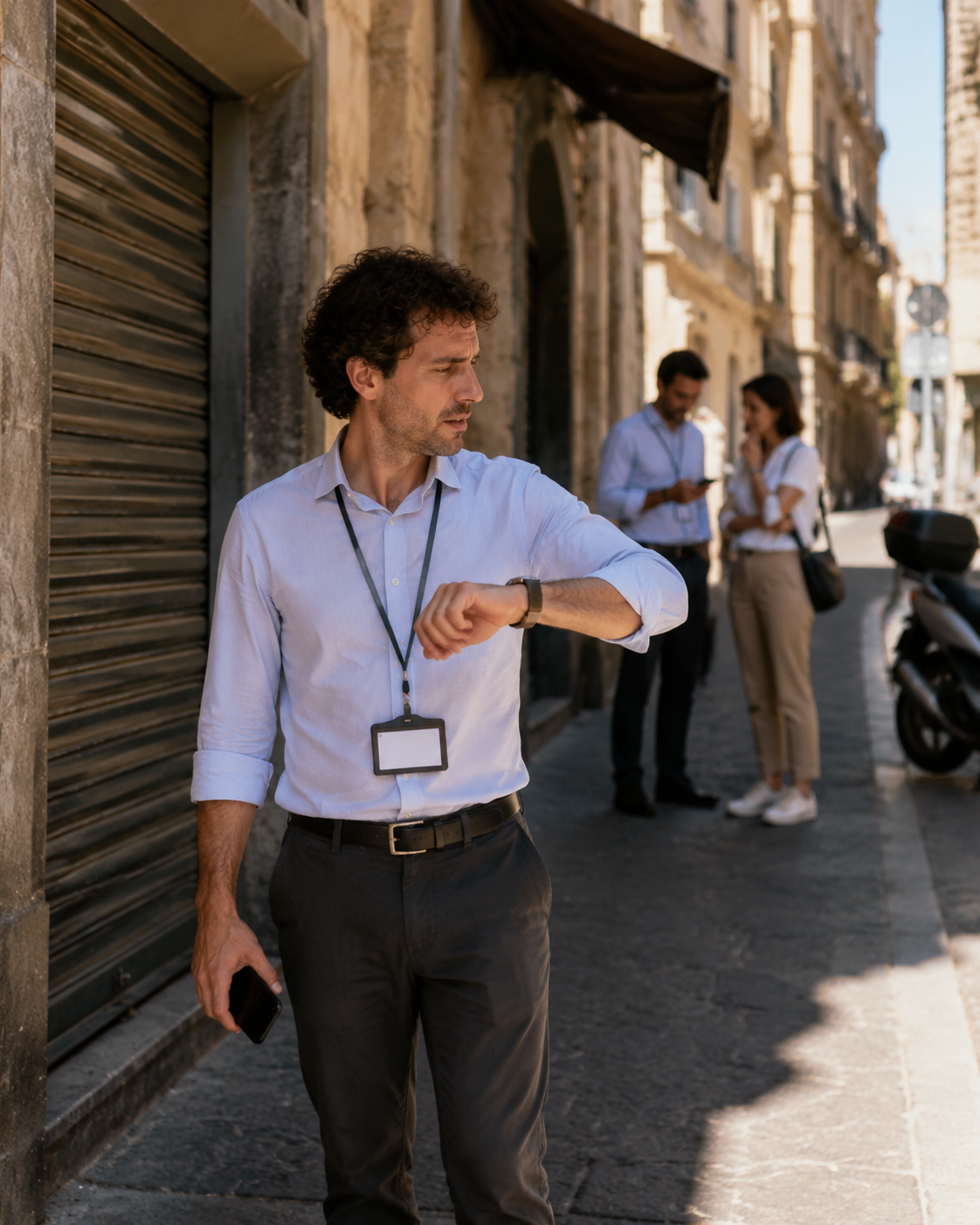 Uomo d'affari guarda l'orologio, stressato per la pausa pranzo corta